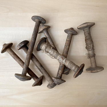 antique wood spools textile bobbins set of 7 - rustic primitive decor 