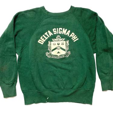 Vintage 1950s/1960s Flocked Print Raglan Sweatshirt ~ S to M ~ Delta Sigma Fi / Fraternity ~ Soft / Faded / Worn-In 