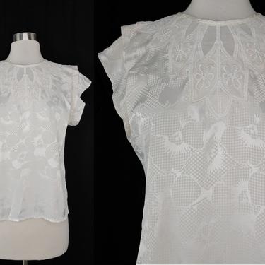 Vintage Eighties Sonya Ratay for San Andre Small Short Ruffle Sleeve Lace Neck Button Back Blouse 