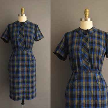 1950s vintage dress | Kay Windsor Blue & Gold Plaid Print Short Sleeve Cotton Day Dress | Medium | 50s dress 