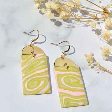 Pink and Green Funky Spiral Clay Dangle Earrings 