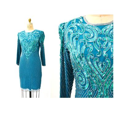 80s 90s Vintage  Blue Green Sequin Beaded Dress Flapper Inspired Cocktail  Dress Small in Teal Blue Long Sleeve 80s 90s Party Pageant Dress 
