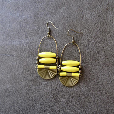 Afrocentric yellow earrings, wood chandelier earrings, African brass earrings, bold earrings, statement earrings chunky earrings 