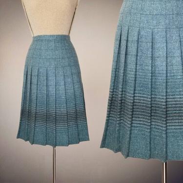 Pleated Wool Skirt, Small / Vintage Turnabout Skirt / Topstitch Pleat School Girl Skirt / Green 1950s Style Flouncy Knee Length Wool Skirt 