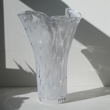 White and Clear Ruffle Vase Hand Blown in Poland