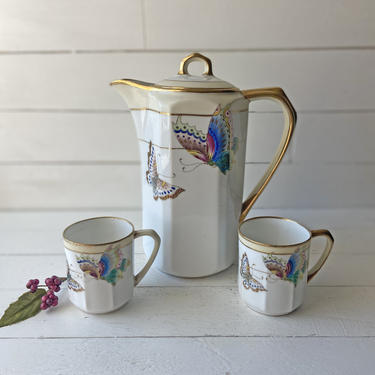 Vintage Butterfly Teapot With Two Teacups, Gold Rimmed Tea Set | Rustic, Farmhouse, Cottagecore Butterfly Teapot, Tea Set | Perfect Gift 