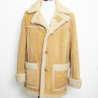 1970s Mens SHEARLING Coat Suede Fur Tall Large 