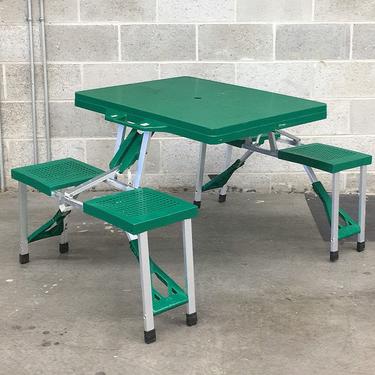 Vintage Folding Picnic Table Retro 1990s Camping + Green Plastic + Silver Metal Frame + Folds Up + Table and 4 Chairs + Outdoor Dining 