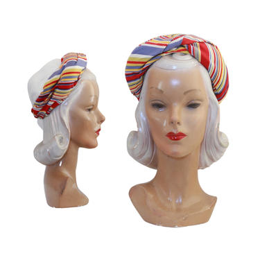 PRISTINE Late 1930s Rainbow Turban - 1930s Summer Turban - 1940s Turban - 1940s White Turban - 30s White Turban - Vintage Rainbow Turban 