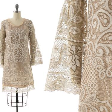 Vintage 1960s Dress | 60s Cream Lace Long Bell Sleeve Mini Boho Wedding Dress (x-small/small) 