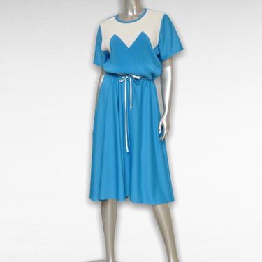 Vintage 70’s Turquoise Blue and White Dress with Belt Poly Swing Dress M/L 