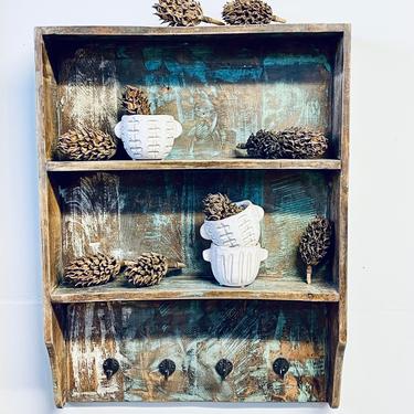 Small Wood Wall-Hung Shelf | Turquoise Green Shelf with Hooks | Bathroom Shelf | Kitchen Shelf | Spice Rack | Entryway Rack | Cabinet 