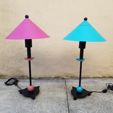 Robert Sonneman for George Kovacs Postmodern Memphis Modern Table Lamps - a Pair in Fuschia Pink and Turquoise