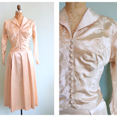 RESERVED || Vintage 1950's Ivory Satin Embroidered Wedding Suit | Size Small 