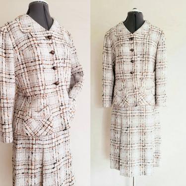 1960s Cream Wool Tweed Plaid Skirt Suit / 60s Blazer Matching A line Knee Midi Skirt Beige Brown / Medium / Sally 