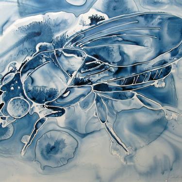 Big Blue Bug: Ink painting of Fruit Fly on Yupo - Drosophila 