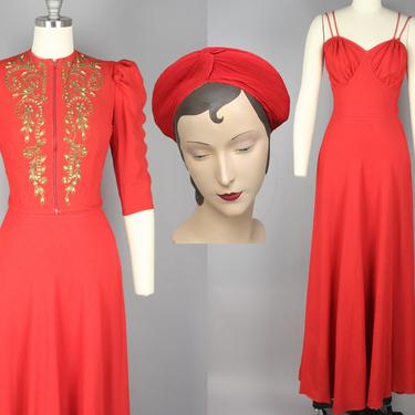 1940s Red Gown with Studded Bolero | Vintage 30s 40s Dress, Jacket, and Turban Set | xs 
