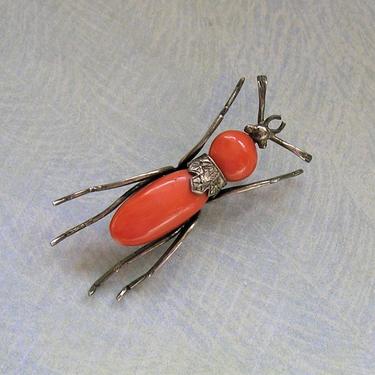 Vintage 800 Silver and Coral Bug Brooch Pin, Silver and Coral Bug Pin, Old Coral Bug Pin (#3818) 