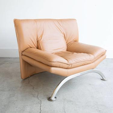 Vintage Postmodern Nicoletti Salotti Italian Leather Sofa Chair circa 1980 | Tan / Beige | Rare Metal Base 