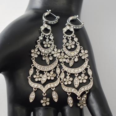 70's Monet floral rhinestone silver tone chandelier earrings, fabulous clear crystal bling flowers shoulder duster dangles 