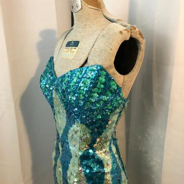 80s Little Mermaid sequined mini dress teal strapless vintage cocktail party S 