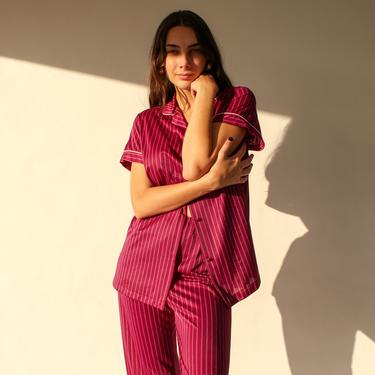 Vintage 70s Vanity Fair Cranberry Pinstriped Satin Loungewear Set | Made in USA | Lingerie, Sleepwear | 1970s 1980s Designer Pajamas 