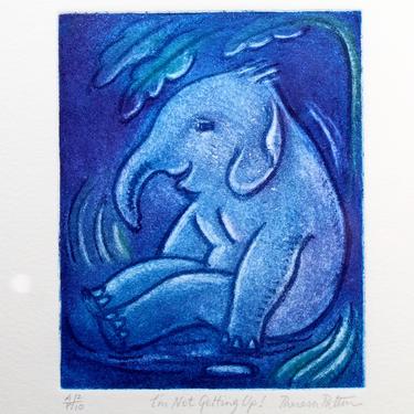 Original Signed Etching by Theresa Pateman - "I'm Not Getting Up!" - Signed and Numbered A-2/P-10 - Happy Elephant Art - UK Artist 