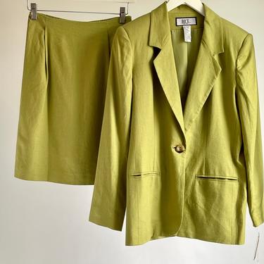 1980's Linen Blend Two Piece Set Mini Skirt with Oversized Blazer Chartreuse Green 