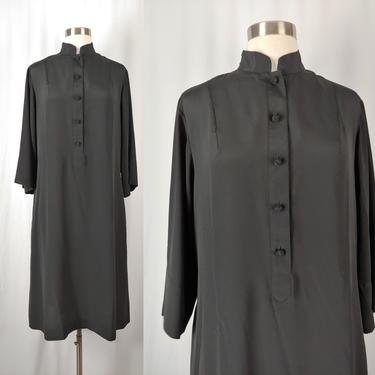 Vintage Seventies Katherine Ogust Penthouse Gallery Small Solid Black 3/4 Sleeve Tunic Shift Dress - 70s Mandarin Collar Dress 