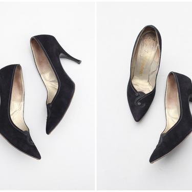 vintage 50s stiletto heels / I. Magnin shoes - 1950s high heel pumps / hand made black suede heels / 50s party shoes - ladies 6.5 