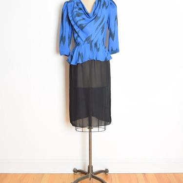 vintage 80s dress blue black draped peplum secretary brush stroke print M clothing 