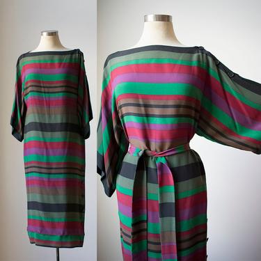 Vintage 1970s Dress / Striped Dress / Striped Cocktail Dress / 1970s Silk Dress / Silk Striped Dress / Modernist Dress 