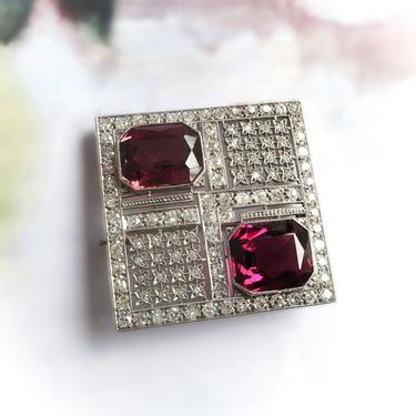 Art Deco 13.52 ct.tw. Deep Pink Tourmaline and Diamond Square Brooch Pin Platinum 