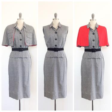 50s Red, White &amp; Black Checkered Cotton Cape, Blouse, Skirt Set / 1950s Vintage Sun Dress / Medium / Size 6 