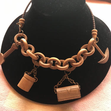 Vintage Miner’s charm necklace~ tourists choker chain~ carved wood &amp; leather~ whimsical ~ California mining for Gold 1950’s era 