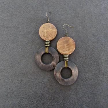 Large wood earrings, bold statement earrings, Afrocentric jewelry, African earrings, geometric earrings, bronze mid century modern earrings 