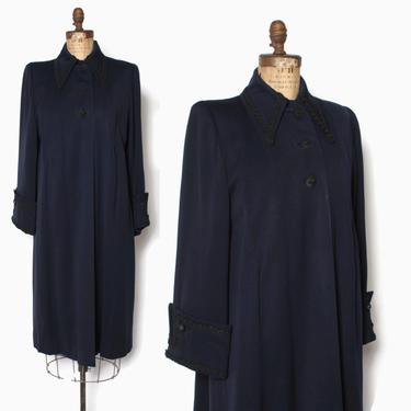 Vintage 40s Navy Wool COAT / 1940s Dark Blue Braid Trim Strong Shoulder Winter Coat 
