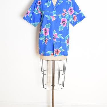 vintage 70s 80s shirt blue Hawaiian print floral tropical button up top L clothing Aloha 