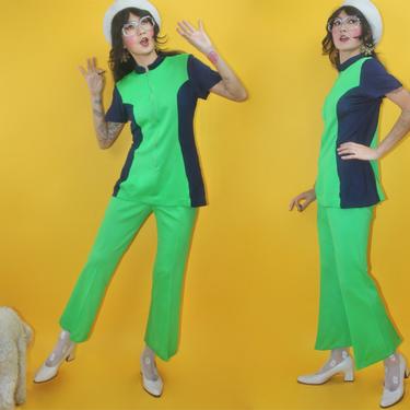 Vintage 1960s Rae Dolls San Francisco MOD Space Age Flare Pants Set As Is/SZ S/60s Color Block Bell Bottom High Rise Tunic 2PC Suits GoGo 