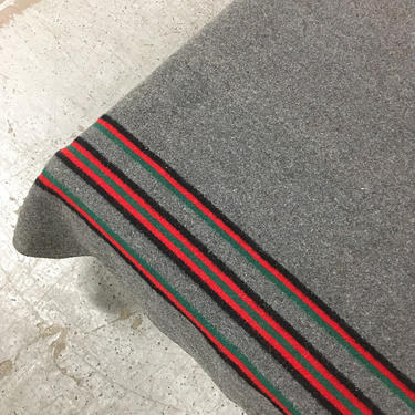 Vintage W H Brine Blanket 1960s Retro Twin Size 78x64 Solid Gray Authentic Wool Blanket + Black + Red + Green + Striped MCM Bedding Bedroom 