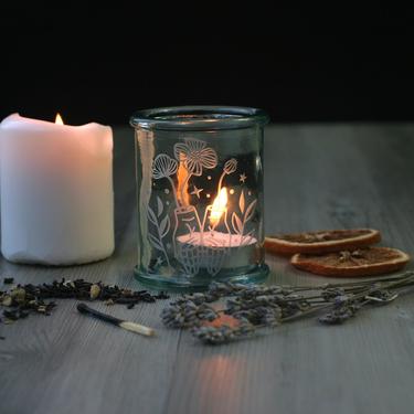 Boho Witch Hands Rustic Recycled Glass Candle Holder - votive or tealight 