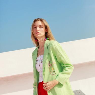 80s Seafoam Green Hand Embroidered Face Blazer Vintage Reworked Jacket 