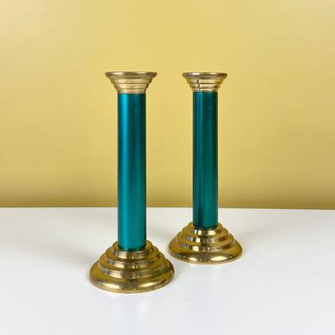 Pair of Green/Gold Brass Candlestick Holders 