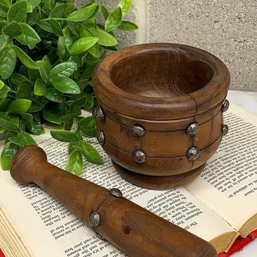 Vintage Mortar and Pestle Retro 1970s Bohemian + Medieval Style + Wood and Metal + 2 Piece Set + Grinding Spices + Kitchen Decor + Accessory 