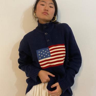 90s Ralph Lauren flag henley sweater / vintage navy blue cotton Polo Ralph Lauren 1/4 zip button henley mockneck American flag sweater | L 