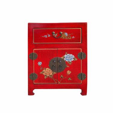 Chinese Red Vinyl Moon Face Flower Birds End Table Nightstand cs7132E 