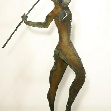Vtg BRUTALIST Welded Metal MAN THROWING JAVELIN SPEAR ART SCULPTURE Statue MCM