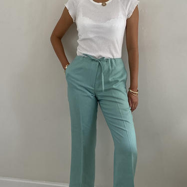 90s linen pants / vintage seafoam woven linen mid rise drawstring easy summer beach pants | XS S M 