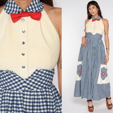 70s Maxi Dress Checkered Bohemian Dress Hippie Halter Neck Gingham Print Blue Plaid Bow Backless Red High Waist 1970s Country Sundress Small 