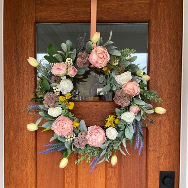 Spring Lamb's Ear, Peony and Lavender Wreath for Front Door, Farmhouse Greenery, Mother's Day Gift, Easter Wreath, Pastel Cottage Core 